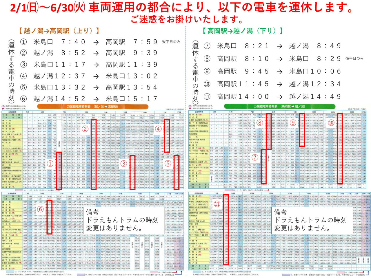 一部電車の運休について